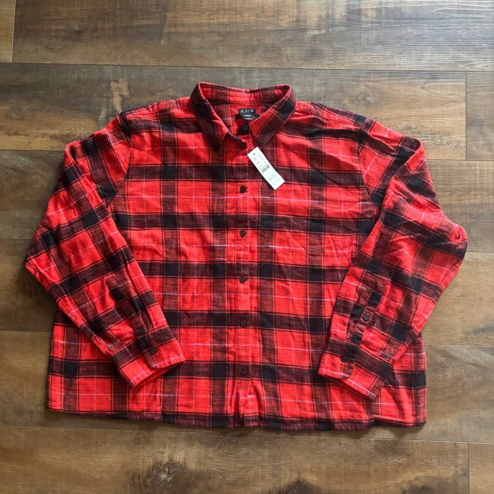 J.Crew Cropped Garcon Red Black Plaid Flannel Shirt Women's Size 20 Holiday NEW!